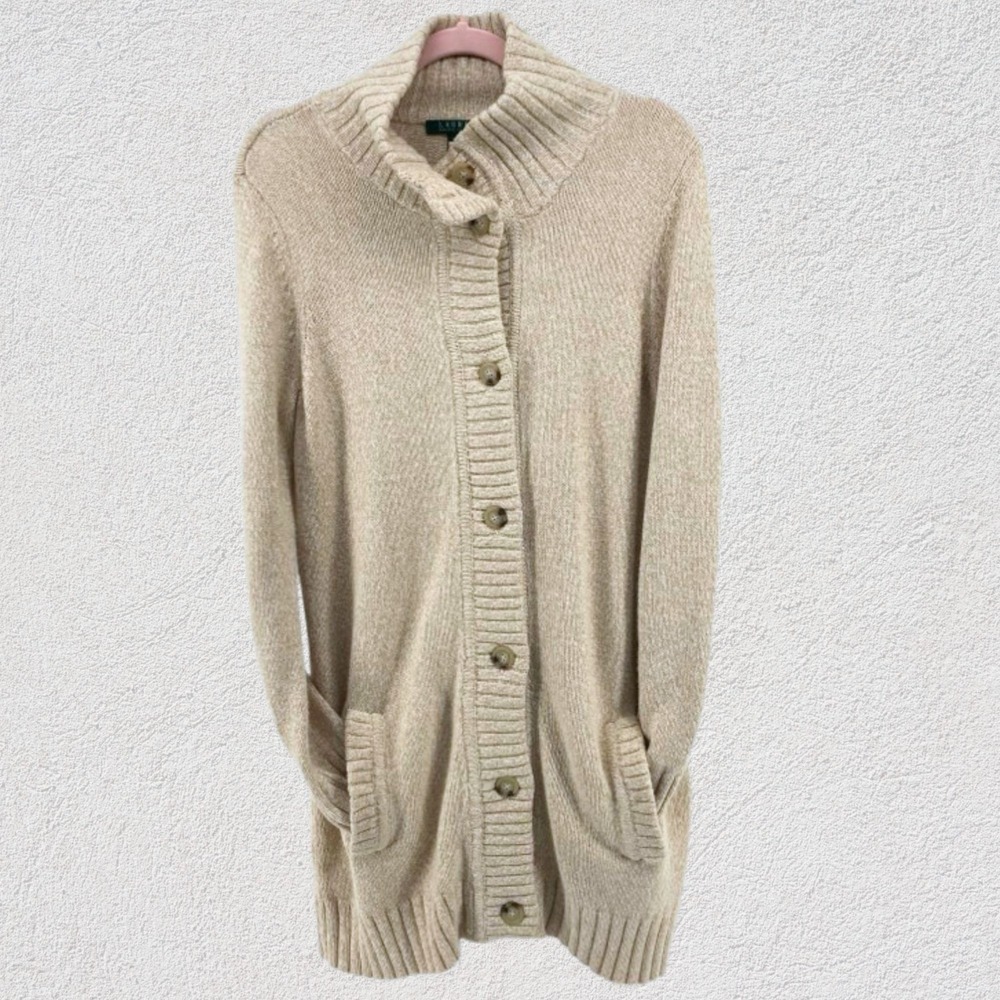 Lauren Ralph Lauren Long Cardigan Sweater Women‎ L Oatmeal Neutral Cozy Chic Tan